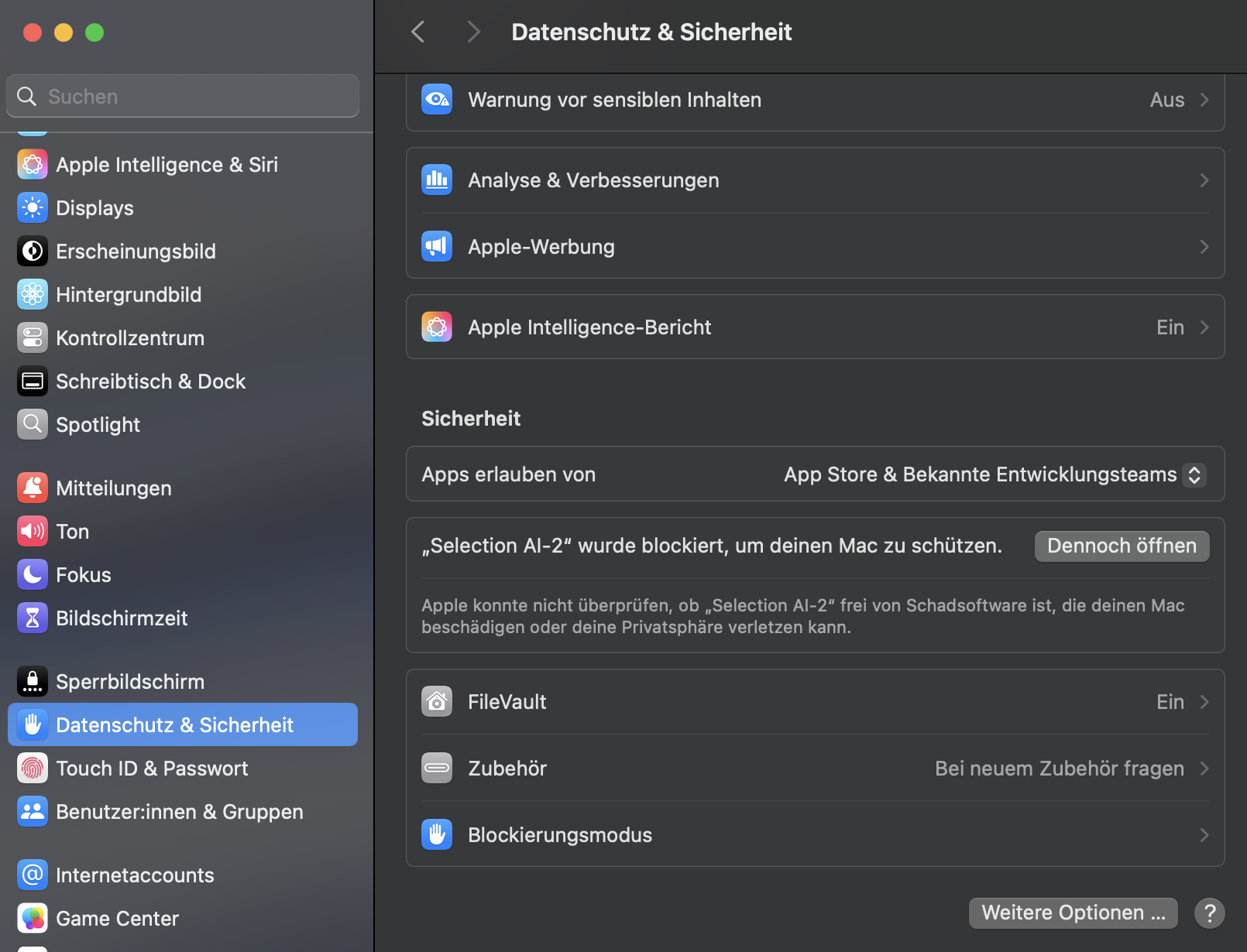 macOS Systemeinstellungen Datenschutz und Sicherheit mit der Schaltfläche Dennoch öffnen