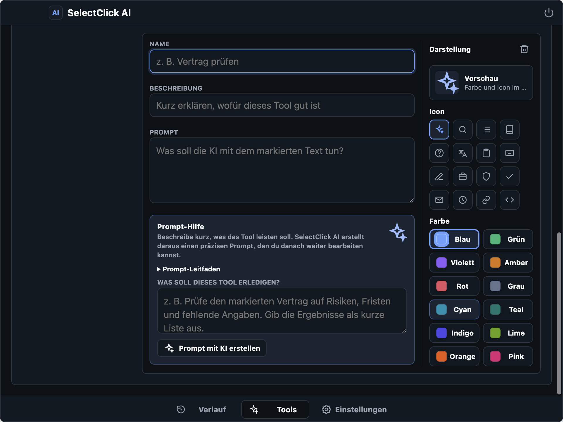 SelectClick AI Ansicht zum Erstellen eines eigenen Tools mit Prompt-Hilfe