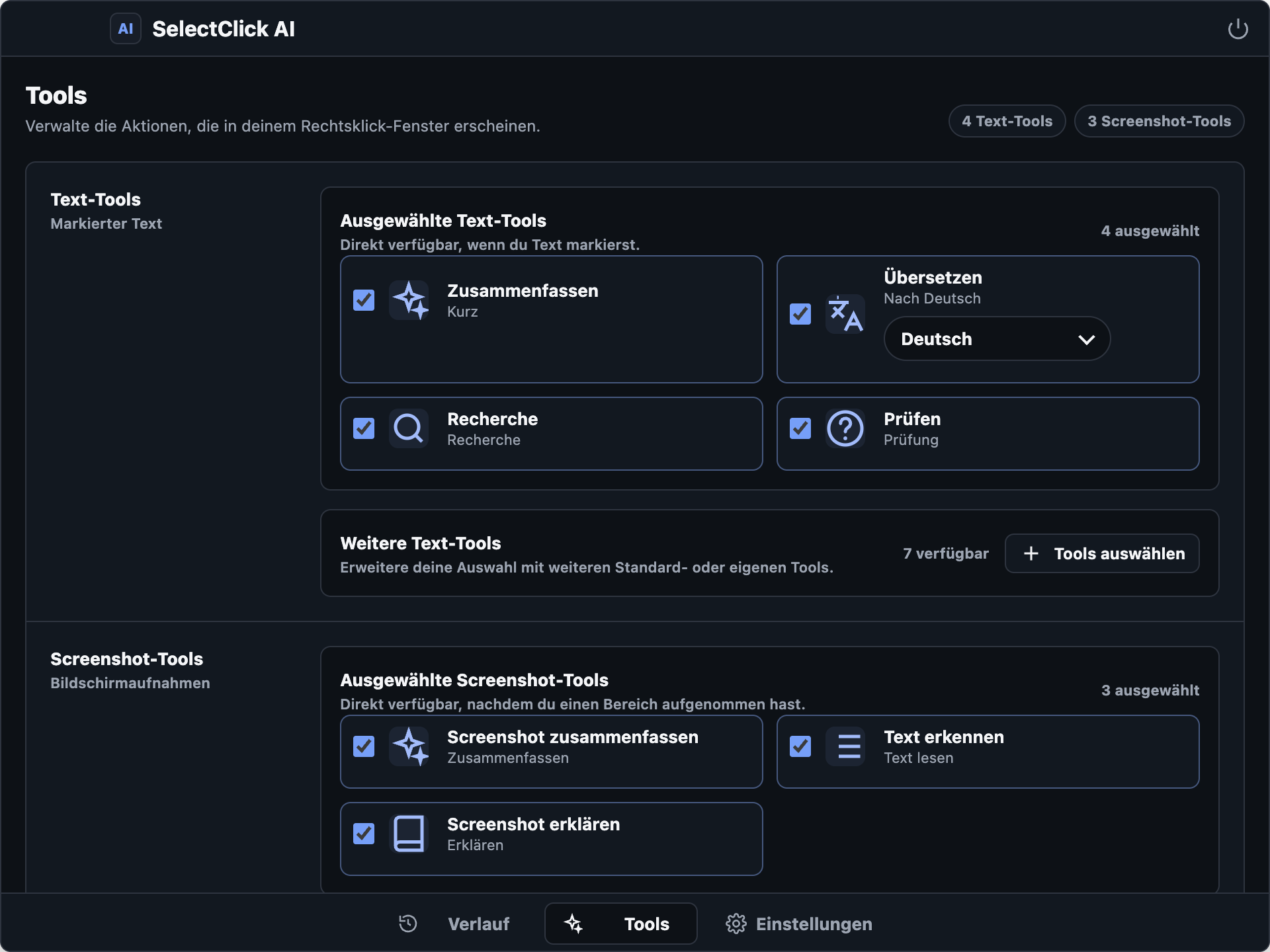 Aktuelle SelectClick-AI-Tools mit ausgewählten Text- und Screenshot-Tools