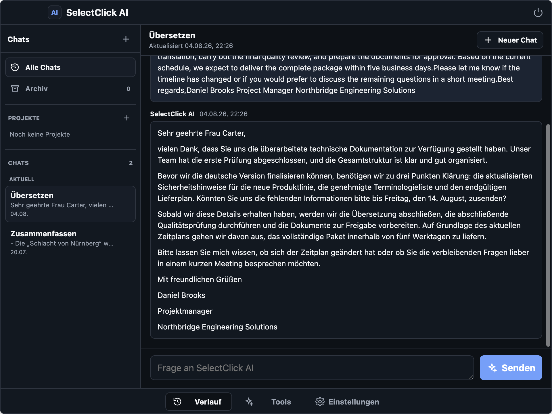 SelectClick AI Verlauf mit Projekten und geöffnetem Chat