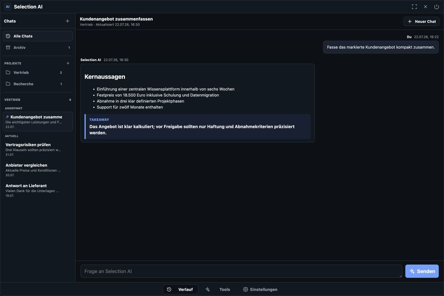 Selection AI Verlauf mit Projekten und geöffnetem Chat