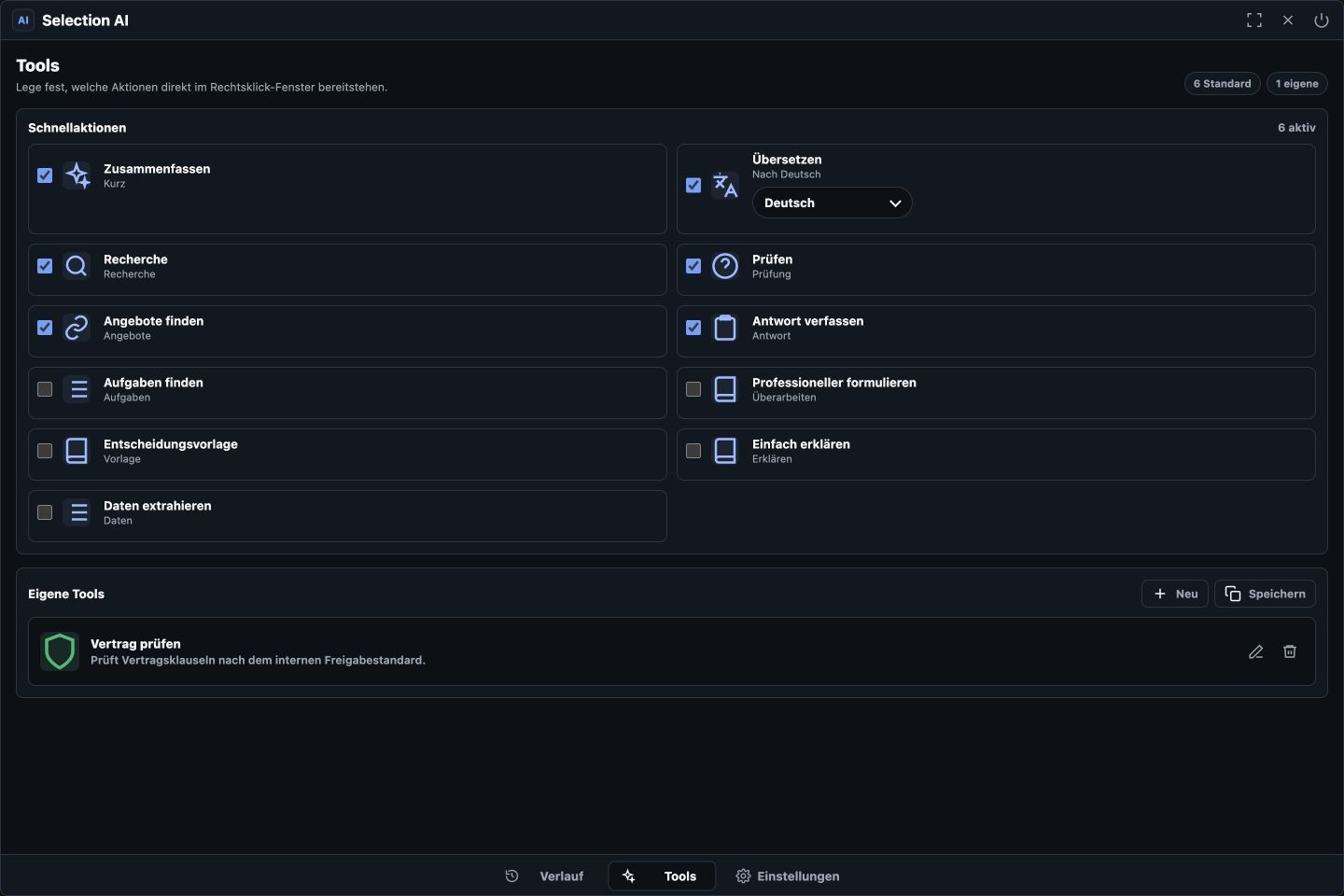Selection AI Toolpool mit Standardaktionen und eigenem Tool